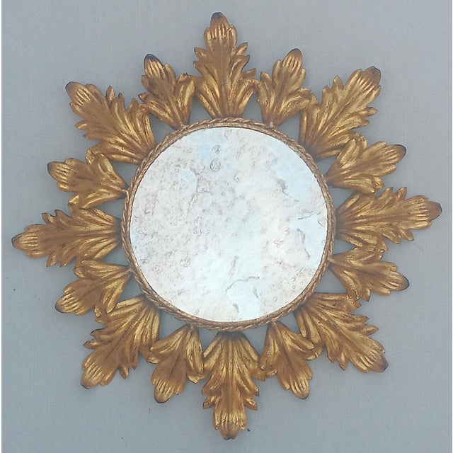 Metal Vintage Spanish Gilt Metal Sunburst Mirror, 1960s For Sale - Image 7 of 7