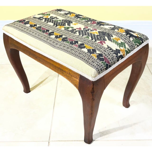 Black Vintage Boho Footstool – Hand Embroidery Suzani & Solid Wood. For Sale - Image 8 of 17