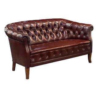 Swedish Chesterfield Sofa or Settee of Tufted Patinated Oxblood Leather For Sale