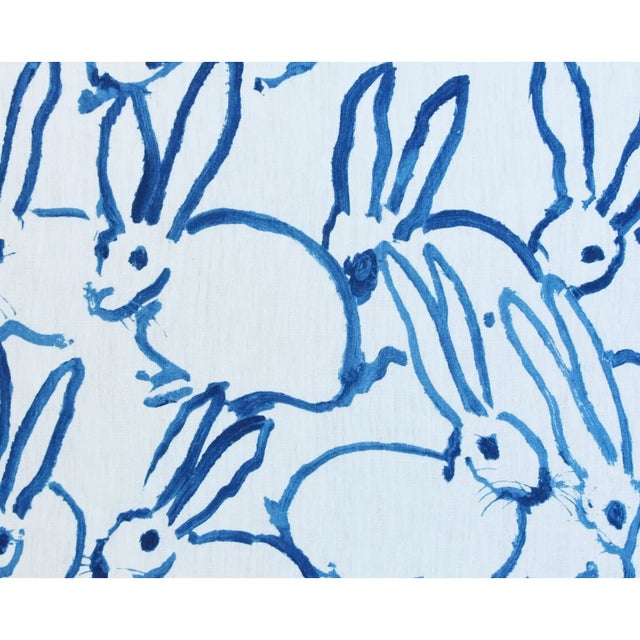 Custom framed abstract blue and white bunny linen fabric textile. Displayed under non-glare Plexiglass. Included are the...