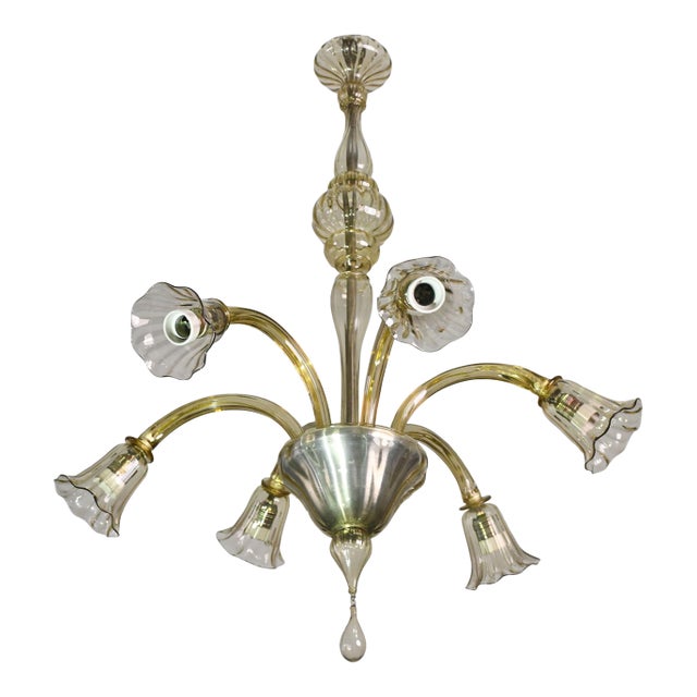 Vintage Murano Glass Chandelier, Amber Color, Six Lights, 1950s Design For Sale