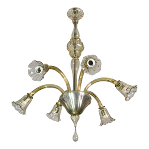 Vintage Murano Glass Chandelier, Amber Color, Six Lights, 1950s Design