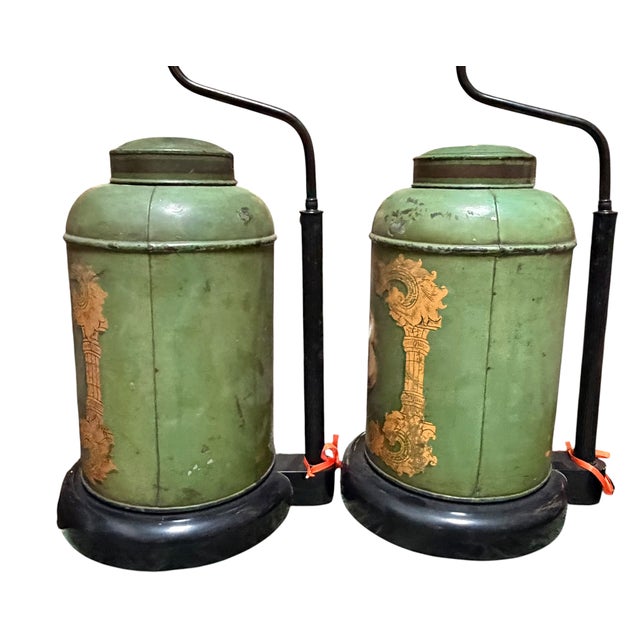 English Pair of Antique Tole Tea Canister Table Lamps For Sale - Image 3 of 6