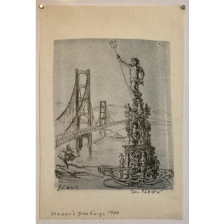 Gottfried Salzmann, San Tubisco (Season's Greetings) Holiday Drawing Artwork Poseidon Trident Bridge, 1974 For Sale