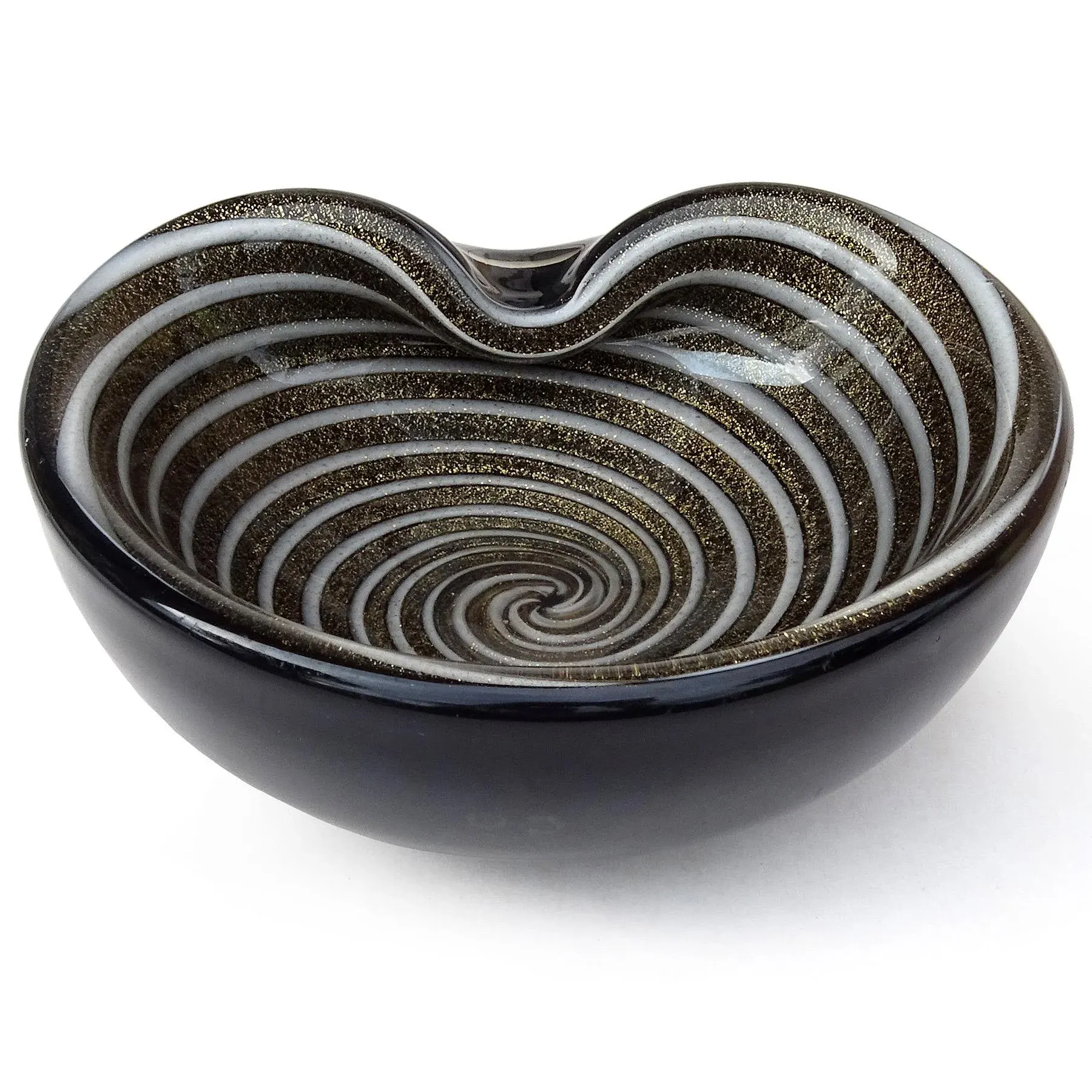 Murano Barbini Black Gold Flecks White Swirl Vintage Italian Art
