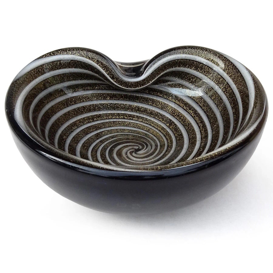 Murano Barbini Black Gold Flecks White Swirl Vintage Italian Art