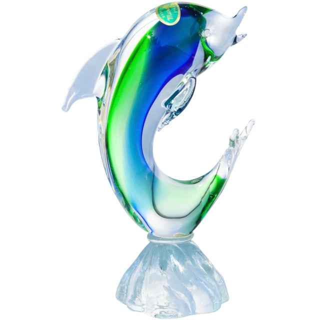 Vintage Handblown Italian Blue & Green Murano Art Glass Dolphin For Sale - Image 11 of 11