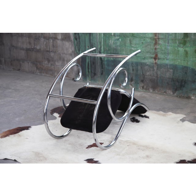 Mid-Century Modern 70s Sculptural Chrome + Black Velour Rocking Chair Rocker Manner Milo Baughman For Sale - Image 3 of 14