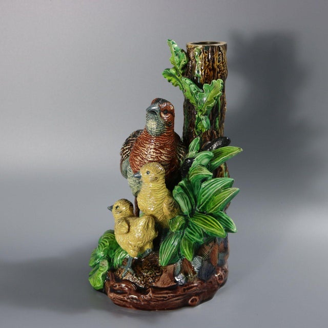 Victorian Hugo Lonitz Majolica Partridge and Chicks Candelabra Base For Sale - Image 3 of 17