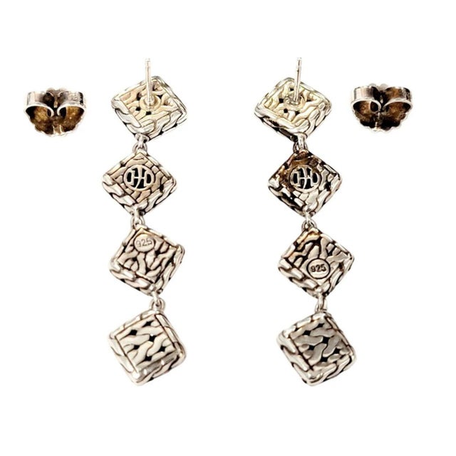 1990s Pair of John Hardy Estate Palu Hammered Drop Earrings 2" Silver For Sale - Image 4 of 7
