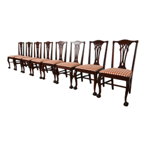 Baker Furniture Style Chippendale Carved Mahogany Dining Chairs, Set of Eight