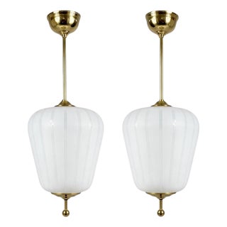 Satin Striped Glass and Brass Pendants, Sweden, 1950s, Set of 2 For Sale