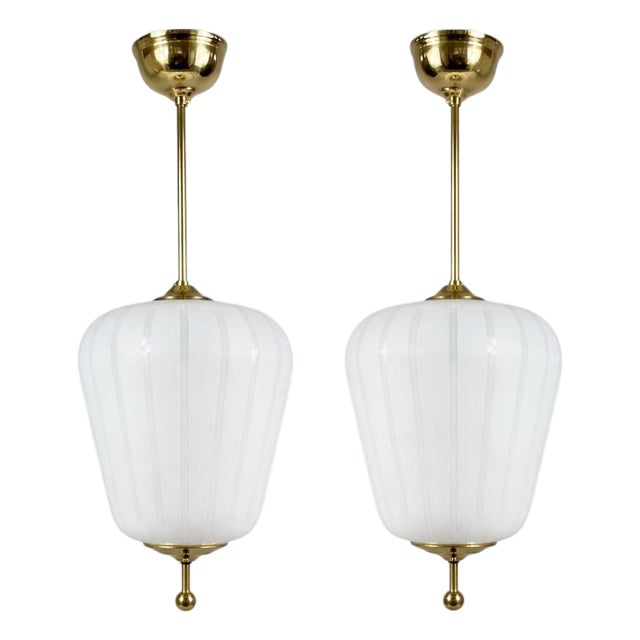 Satin Striped Glass and Brass Pendants, Sweden, 1950s, Set of 2 For Sale