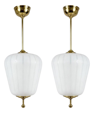 Satin Striped Glass and Brass Pendants, Sweden, 1950s, Set of 2
