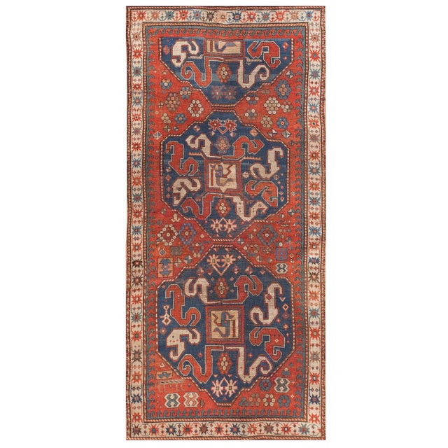 Early 20th Century 1900s Red Geometric Antique Caucasian Chondzoresk Kazak Rug 3' 6"x7' 9" Handknotted Wool Carpet For Sale - Image 5 of 18