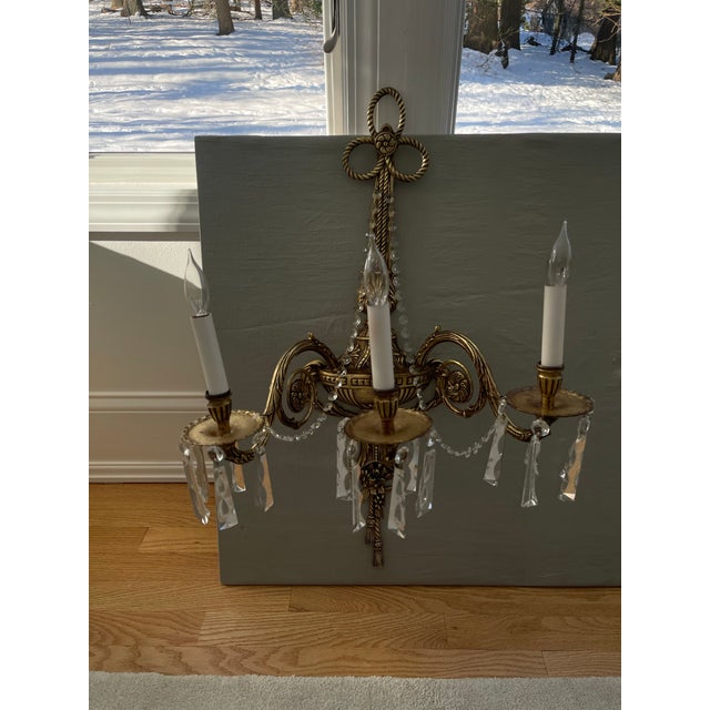 Pair of Antique French Brass and Crystal Electric Sconces For Sale In New York - Image 6 of 12