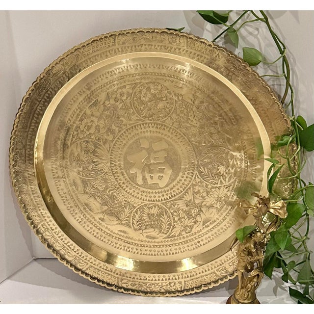 Shabby Chic Vintage Oriental Brass Tray Etched Wall Hanging Large Tray For Sale - Image 3 of 8