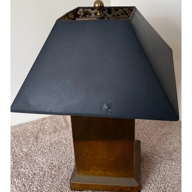 1970s Chapman Mfg. Geometric Patinated Metal Table Lamps With Black Shades - a Pair For Sale - Image 4 of 13