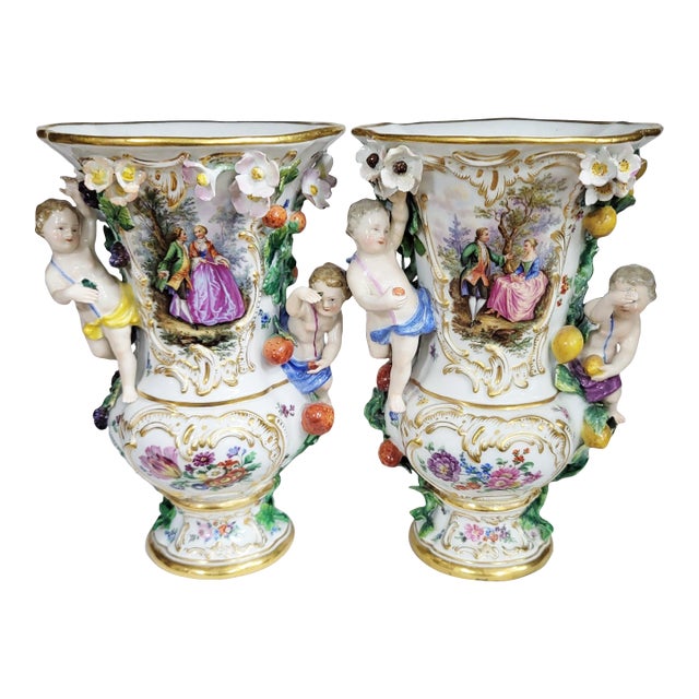 Pair Antique German 19th C Putti Baby Meissen Porcelain Hand Painted Vases Urns For Sale