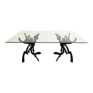 1980s Postmodern “Tristan & Isolde” Pucci De Rossi Patinated Steel and Glass Dining Table