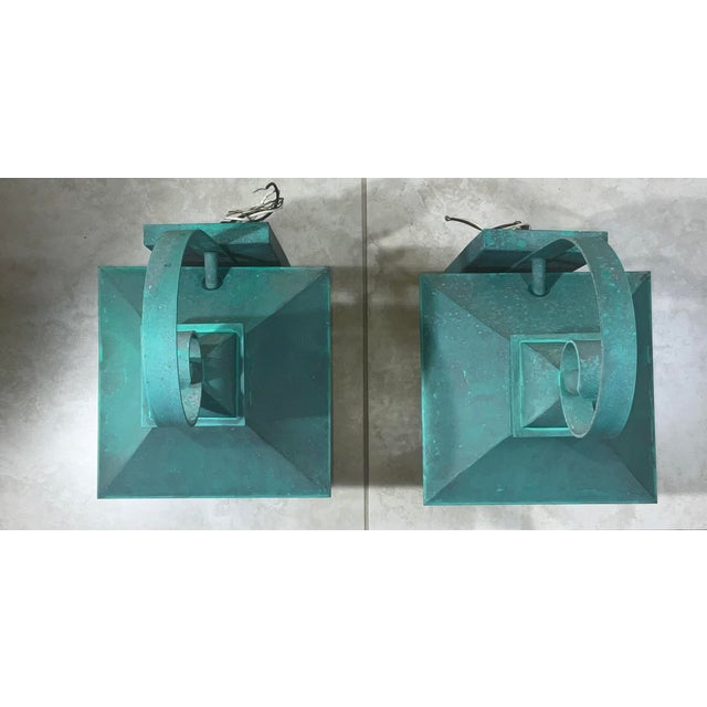 Pair of Vintage Solid Brass Outdoor Lanterns – Arts & Crafts Mission Style For Sale - Image 9 of 13