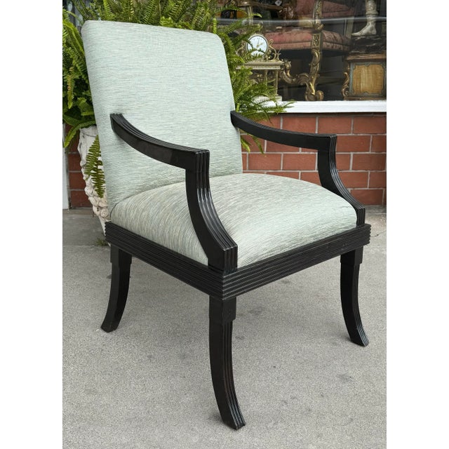 PRICED EACH! Art Deco J. Robert Scott Black Lacquer Arm Chair. Freshly upholstered in Scalamandre sea foam fabric. 1 of 2...