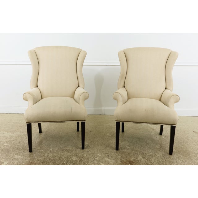 Pair Ethan Allen White Upholstered Wing Chairs Chairish