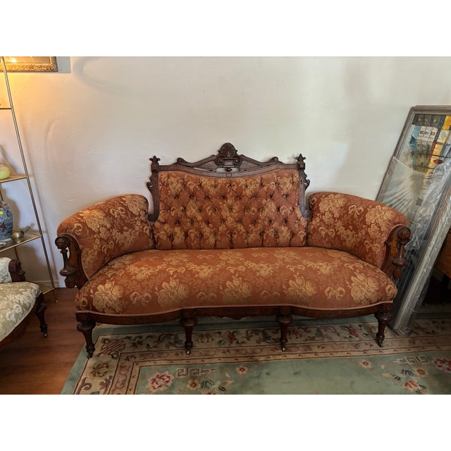 Wood Ornate Antique Victorian - Style Carved Wood Sette and Two Matching Chairs For Sale - Image 7 of 16