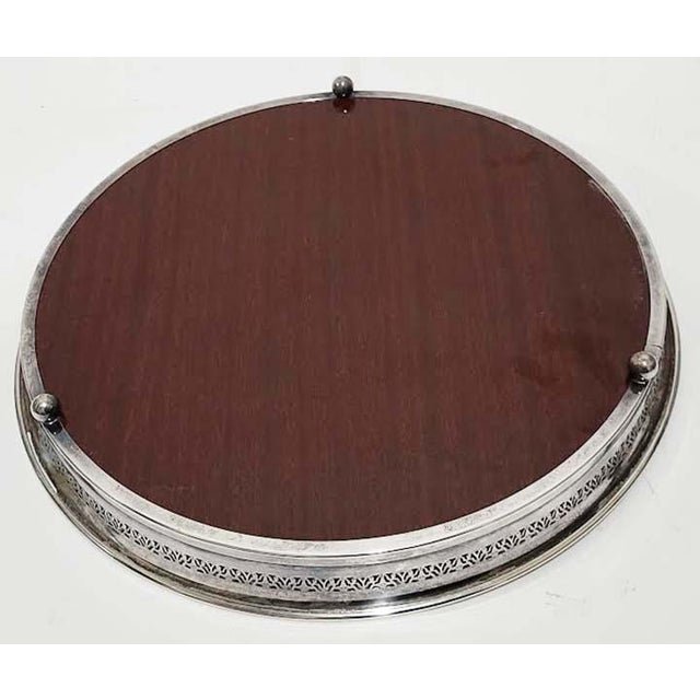 Mid-Century Crescent Formica Footed Wood Grain Tray With Silverplate Rim For Sale - Image 4 of 4