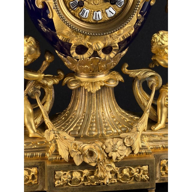Antique Napoleon III Mantel Clock in Bleu De Sèvres Porcelain and Chased Ormolu, 1865 For Sale - Image 9 of 17