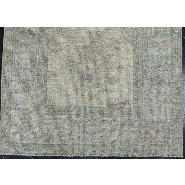 Turkish Oushak Runner Rug Green, Taupe & Blue Handwoven Wool Rug 2'11" X 10'4" For Sale - Image 4 of 10