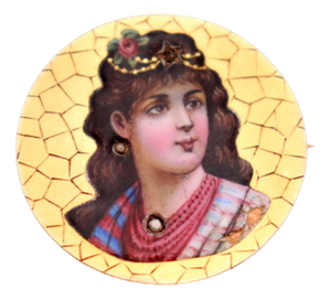 Gold Brooch with Grid and Enamel Lady Figure