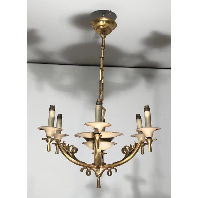 Very nice lacquered metal and brass 6 lights chandelier. This is a French work. Circa 1940