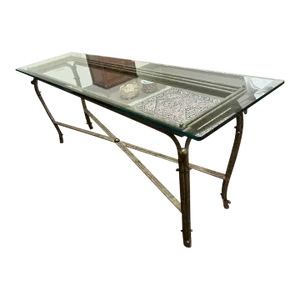 Vintage Contemporary Wrought Iron Painted Glass Top Sofa Console Table