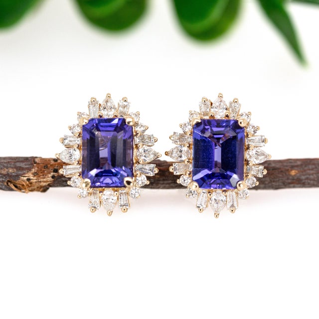 Starburst Tanzanite Earring With Natural Diamonds: Solid 14k Gold, Emerald 8x6mm For Sale - Image 4 of 7