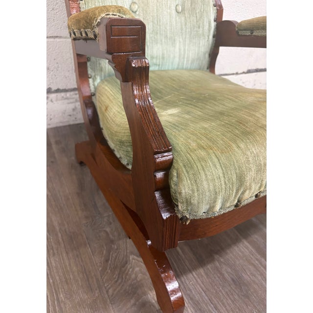 Antique Victorian Eastlake Carved Walnut Coil Spring Platform Rocking Chair For Sale - Image 4 of 11