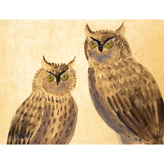 Goldenrod "Owl Family" by Shunko, Late Showa Painted Japanese Byobu Screen For Sale - Image 8 of 18