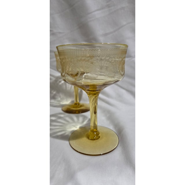 Vintage Yellow Depression Glass Champagne Coupes or Sherbet Glasses Set of Five For Sale - Image 4 of 7