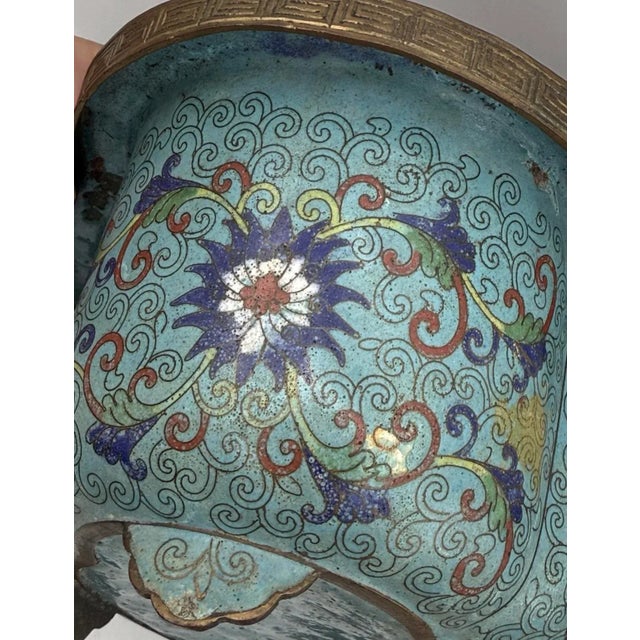 Metal 19th Century Qing Dynasy Lobed Cloisonne Enamel Planter Jardinaire, Blue Enamel on Copper, Footed For Sale - Image 7 of 10