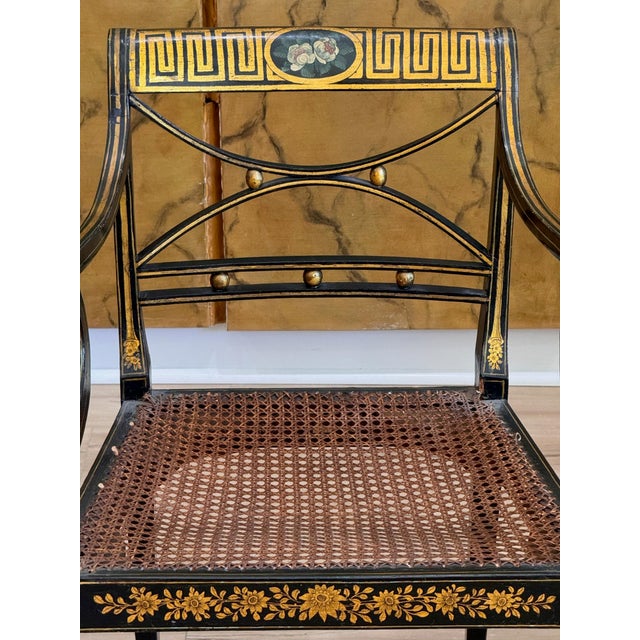 Set of Four English Regency Black Lacquer Dining Chairs With Gilt Decoration For Sale - Image 6 of 16