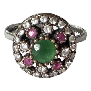 Vintage Natural Ruby, Emerald & Diamond Ring Sterling Silver Size 7 For Sale