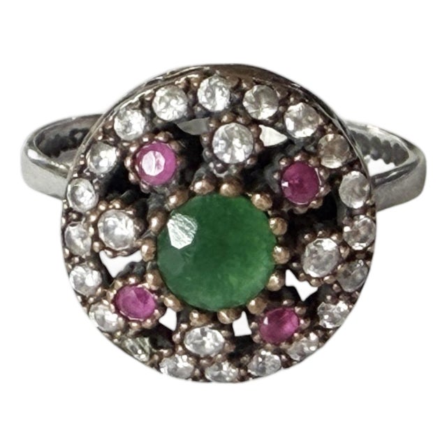 Vintage Natural Ruby, Emerald & Diamond Ring Sterling Silver Size 7 For Sale