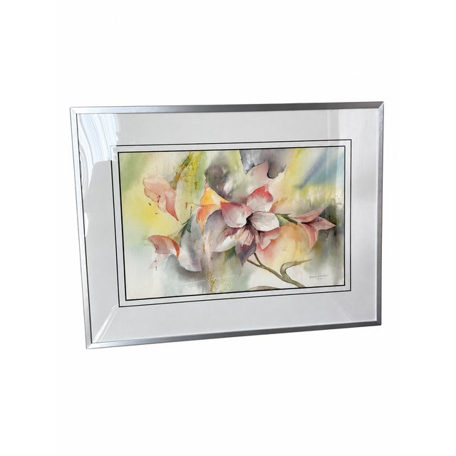 Contemporary 1989 Signed Abstract Floral Watercolor in New Silver-Tone Frame For Sale - Image 3 of 16