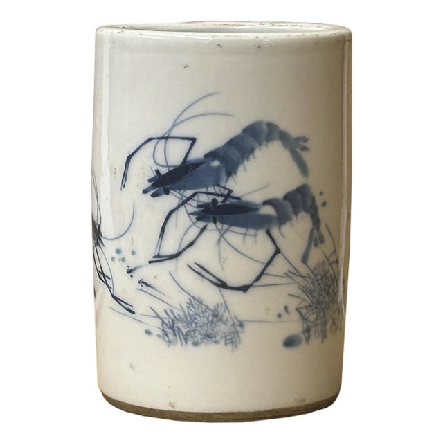 Chinese Distressed White Porcelain Blue Shrimps Graphic Holder Vase For Sale