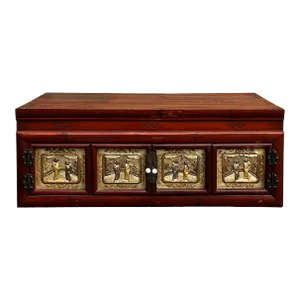 Chinese Vintage Fujian Golden Carving Low Table Cabinet Chest