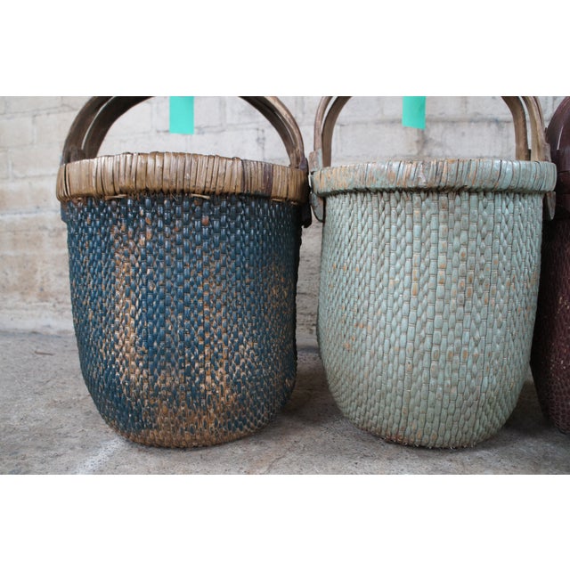 3 Antique Chinese Bentwood Woven Willow Rice Harvest Gathering Basket 26" For Sale - Image 6 of 12