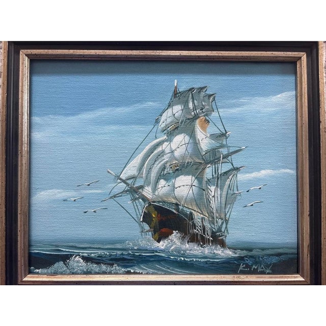 Original 8x10 vintage maritime oil painting depicting a classic clipper ship sailing at full sail on open seas. The...
