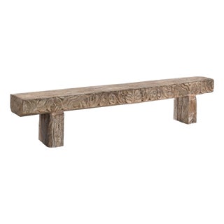 Indian Carved Front Rustic Teakwood Bench For Sale