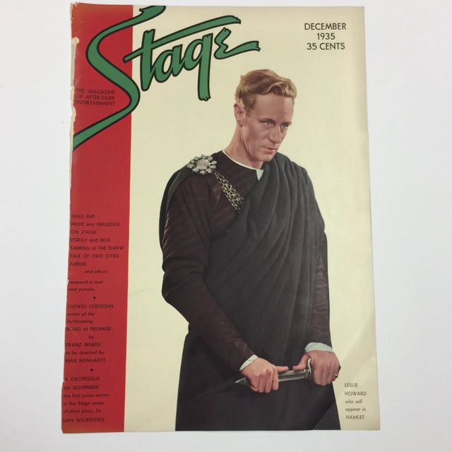 Dramatic cover photograph of actor Leslie Howard in Hamlet on the cover of Stage magazine, 1935. Ready for framing! Left...