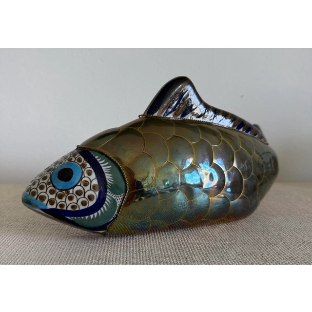Sergio Bustamonte Oversized Sergio Bustamante Style Braas Hand Painted Ceramic Koi Fish Table Sculpture For Sale - Image 4 of 9